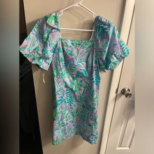 Lilly Pulitzer Lavender, Turquoise & Green Floral Puff Sleeve Dress NWT